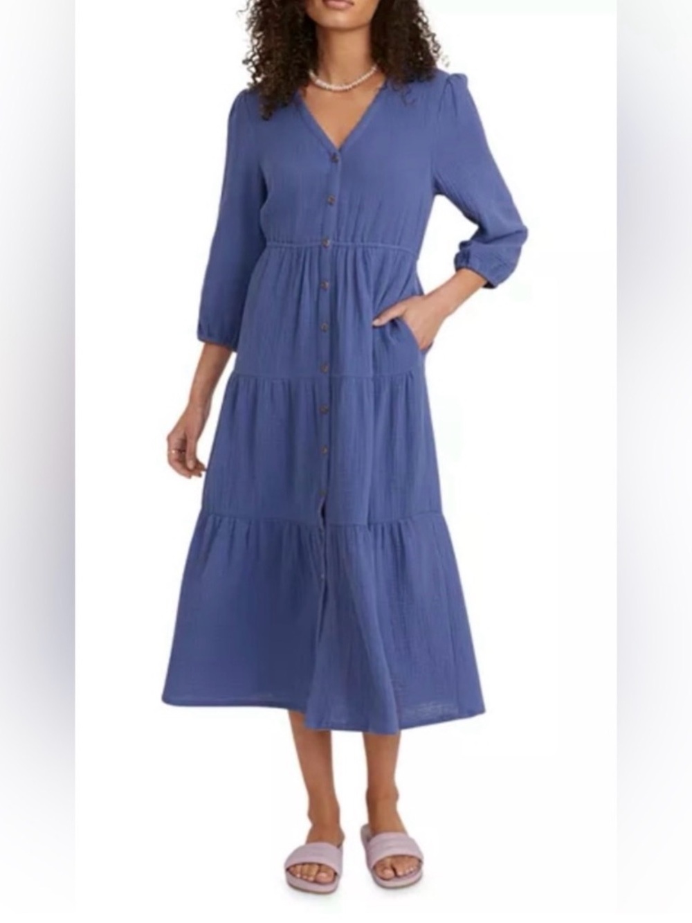 Marine Layer Willow Tiered Button Up Cotton Midi Dress 3/4 Sleeves Blue Large